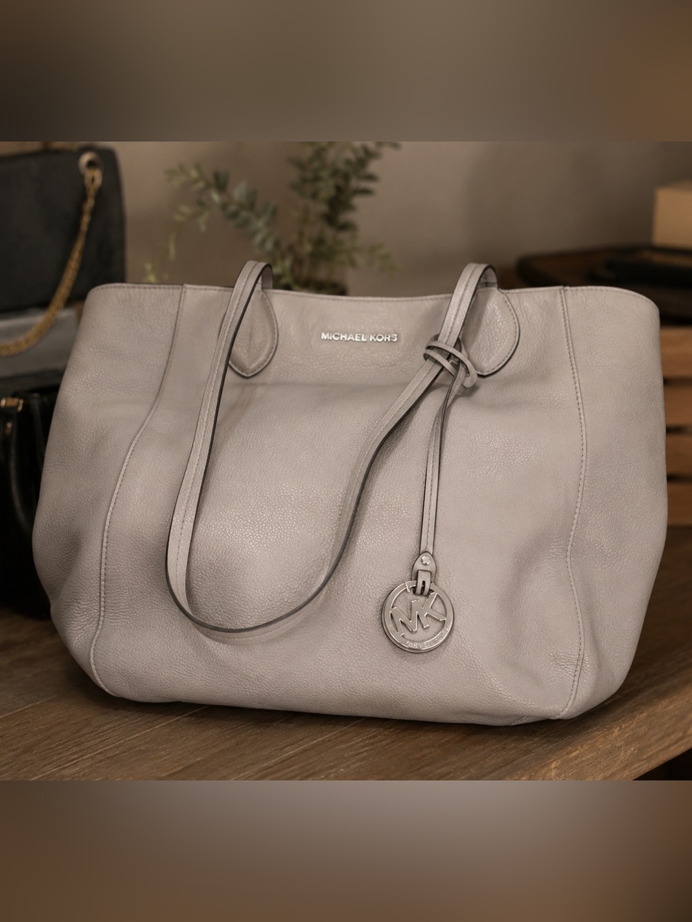 Michael Kors Pebbled Leather Tote in Light Gray with MK Charm